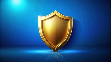 A shiny gold shield emblem on vibrant blue background symbolizing protection and security , shield, gold, emblem, vibrant