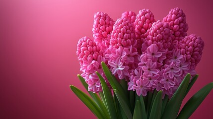 Fototapeta premium Vibrant pink hyacinths arranged together, set against a solid pink backdrop, evoking joy.