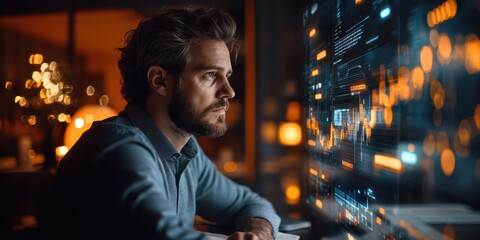 Man analyzing data on a computer screen in a dark office, focusing on charts and graphs with a futuristic digital interface.