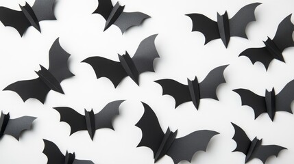 Fototapeta premium Halloween decorations handmade black paper bats flat lay on white background