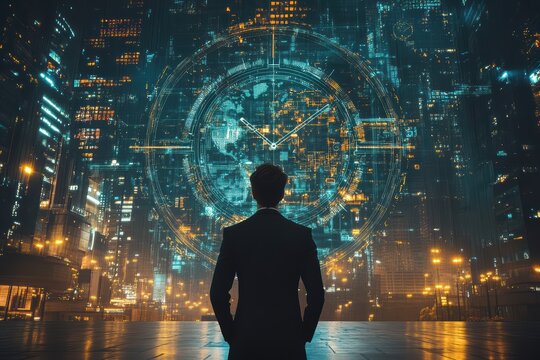 Man in futuristic cityscape analyzing digital data display map representing technology advancement, innovation, and urban development.
