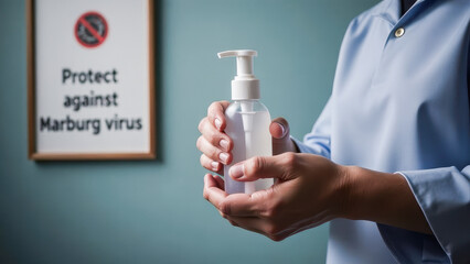 Fototapeta premium Protect against Marburg virus, person using hand sanitizer, prevention measures, hygiene, virus safety, health safety, Marburg virus concept