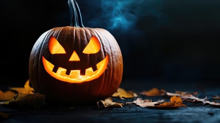 Obraz premium Halloween pumpkin lantern with medical mask on black background