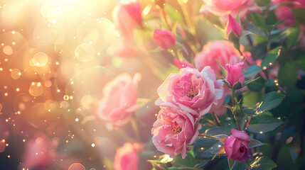 Mysterious fairy tale spring floral wide panoramic banner with fabulous blooming pink rose flowers summer garden on blurred sunny bright shiny glowing background and copy space