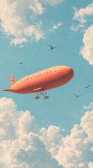 Obraz premium Orange Blimp Flying Over Clouds.