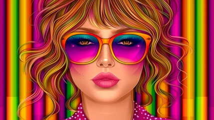 Fototapeta premium A woman with colorful hair and sunglasses is the main focus of the image. The colorful hair and sunglasses give the impression of a fun and vibrant personality