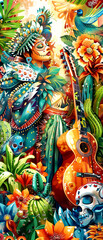 Obraz premium A woman is playing a guitar in a garden with cacti and flowers. The woman is dressed in a costume and has a flower on her head