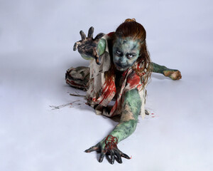 portrait of scary female model wearing spooky halloween costume, ripped clothes and fake blood like...