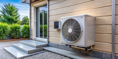 Outdoor unit of a modern and energy-efficient heat pump by the wall of a house, heat pump, outdoor unit, house