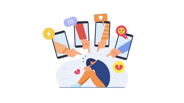 Animated 2d cyber bullying in social video concept. Unhappy man suffers from online abuse and insults video 4k resolution