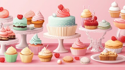 Colorful cupcakes and cakes on display