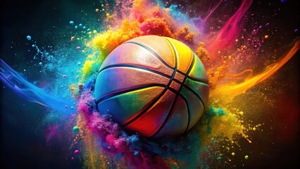 Fototapeta premium Colorful basketball with dynamic paint splashes in a vibrant explosion, basketball, colorful, dynamic, paint, splashes