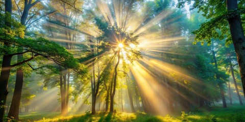 Obraz premium Sun ray light shining down through trees , sun rays, light, trees, nature, atmosphere, serene, sunlight, beams, shining