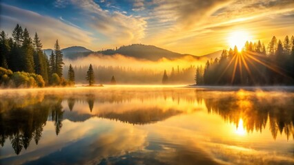 Fototapeta premium Golden sunrise over misty lake with forest and mountain reflections, creating a serene and calming morning scene , sunrise