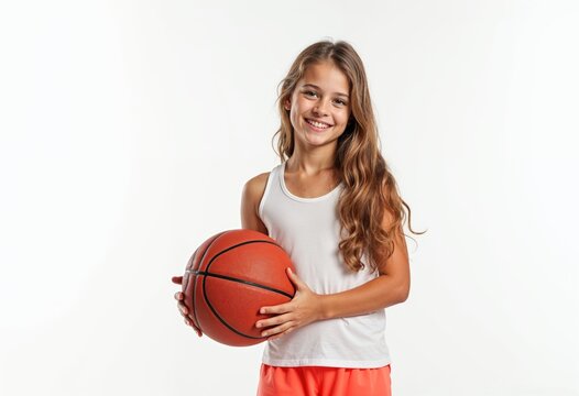 A young girl is holding a basketball and smiling