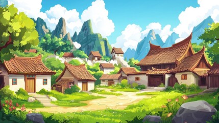 Obraz premium A Serene Village Nestled in the Base of Lush Green Mountains
