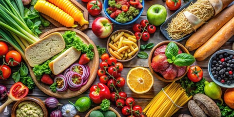 Fresh and colorful assortment of fruits, vegetables, pasta, salad ingredients, breads, and sandwiches , healthy, appetizing
