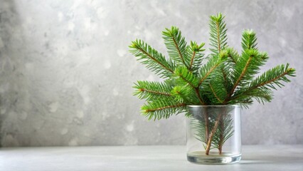 Fresh spruce twigs in glass vase on terrazzo countertop, spruce, twigs, fresh, green, glass vase, terrazzo