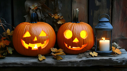 Obraz premium Two Carved Pumpkins Glow on Wooden Porch for Halloween with Lantern