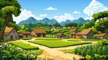 A quaint village nestled amidst rolling hills and lush greenery