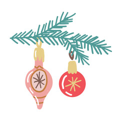 Fir branch with hanging Christmas baubles. Vintage Christmas balls. Naive art illustration.