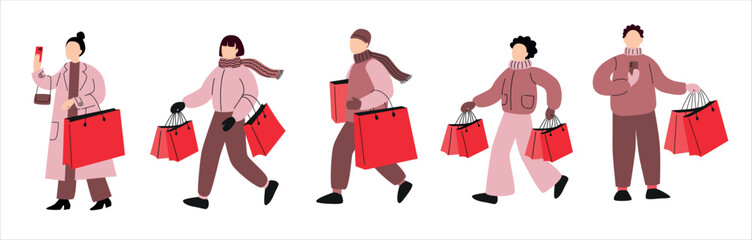 Group of people with red shopping bags. Winter and Christmas shopping time. Shoppers in cozy winter outfits. Modern illustration of consumers.
