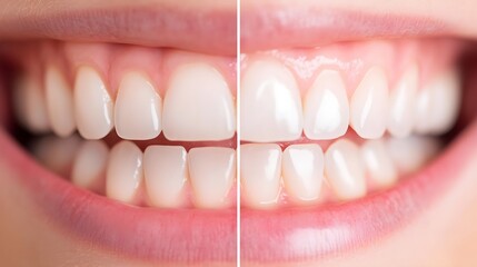 Split image of a smile before braces with misaligned teeth and a perfect straight smile after 18 months, Photorealistic, Sharp Focus, Soft Lighting