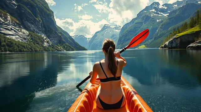 A woman in a black bra and bikini paddles a kayak on a lake. A girl is sailing on a boat along a sea bay enjoying the view of the snowy mountains.
