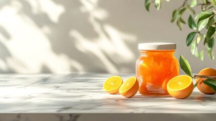 Obraz premium Jar of orange marmalade sitting on marble countertop with fresh oranges