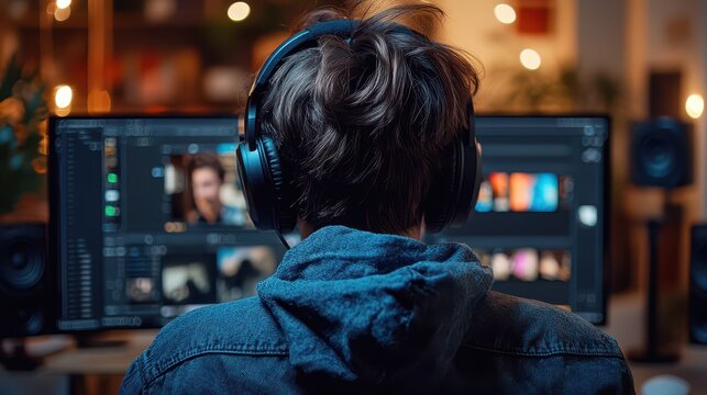 Person with headphones editing video on computer in a creative workspace. Focused on multimedia production.