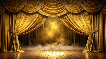 Golden curtains in motion on a theater stage with smoke , Theater, stage, smoke, gold, curtains, motion, performance
