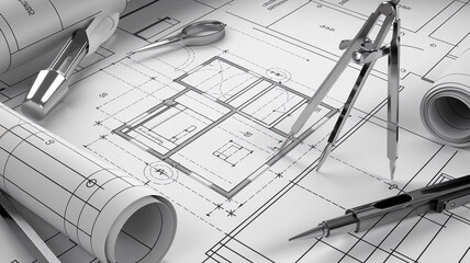 Close-Up of Detailed Architectural Blueprint with Precision Tools: Compass Divider & Drafting Instruments
