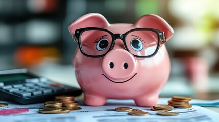 Smiling piggy bank wearing glasses with a calculator and coins on a desk, symbolizing financial planning and savings.