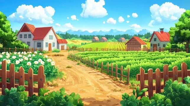 A quaint country village nestled amidst green fields and rolling hills under a sunny sky