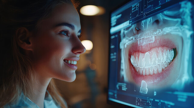 A digital consultation where the patient checks her smile on a virtual screen, showing her dental health progress.