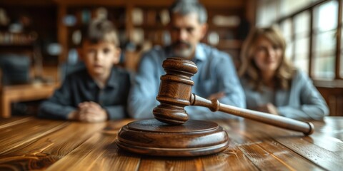 Obraz premium Court gavel with family and lawyer in background