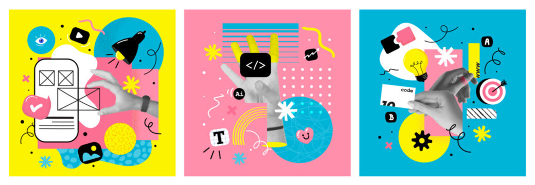 Contemporary art collage. Modern collage concept of web design and development. Creative concept for web banner, social media banner, business presentation, marketing material. vector illustration