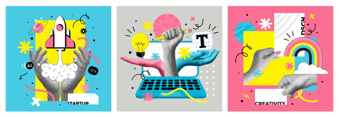 Fashionable halftones collage. Startup business concept ,fast business startup, creative marketing and Innovation. Trendy modern retro illustration in bright trendy colors. Strategic planning. Vector