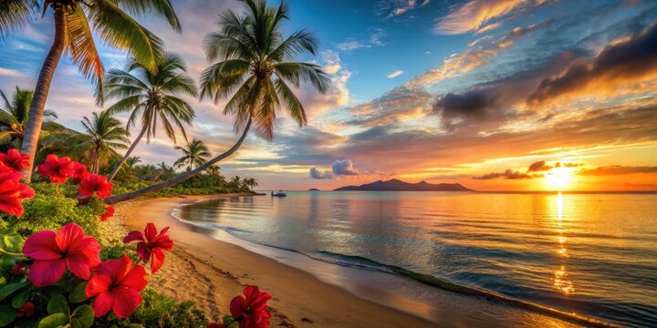 Fiji sunset beach scene with palm trees and hibiscus flowers , Fiji, sunset, beach, palm trees, hibiscus flowers, tropical