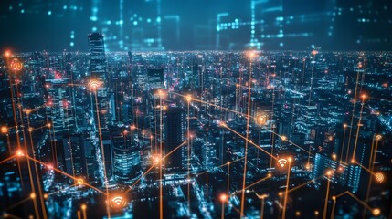 Fototapeta premium Wireless network and connection city. 