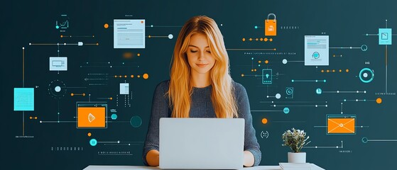 Blonde Caucasian woman data analyst in IT with data flow elements around her, showcasing a professional business demeanor, with room for text