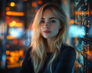 Data analyst portrait of a blonde Caucasian female in information technology, with dynamic data flow visuals, professional business setting, clear space