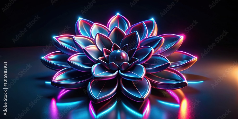 Wall mural abstract alien flower in black rubber material with neon glowing accents, render, abstract art, surr