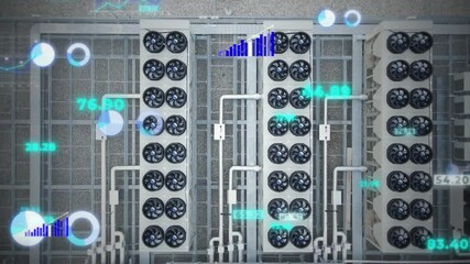 Top-down aerial view of a data center with ventilators, digital graphs, and numbers animation, showcasing advanced technology and cooling systems. 3D render - Powered by Adobe
