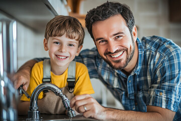 Plumber teaches his son to fix a leaky faucet, bonding over home improvement. The duo showcases teamwork and love, passing down skills and knowledge
