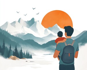 Father carrying his child while admiring a beautiful landscape, against a white background, illustrating the concept of fatherhood and family connection