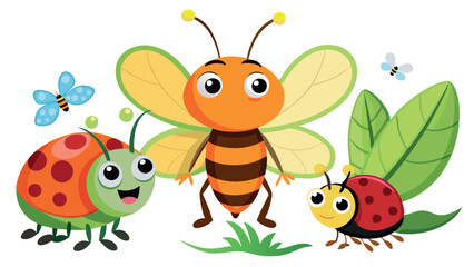 Cartoon bugs. Baby insect, funny happy bug and cute ladybug