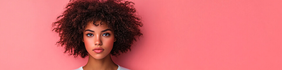Young woman with curly hair against a pink background