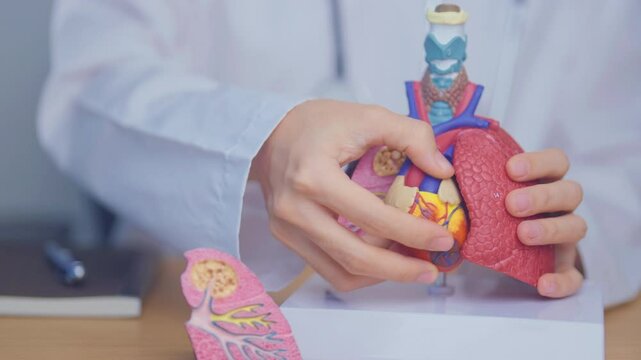 Doctor with Respiratory system anatomy for Diseases. Lung Cancer, Asthma, Chronic Obstructive Pulmonary or COPD, Bronchitis, Emphysema, Cystic Fibrosis, Bronchiectasis, Pneumonia and Pleural Effusion
