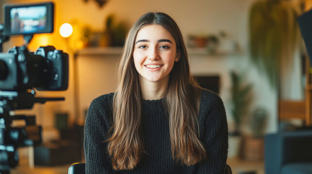 A smiling young woman sitting in front of the camera for a vlog